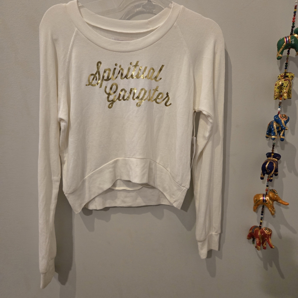 Spiritual Gangster White Sweatshirt with Gold Lettering